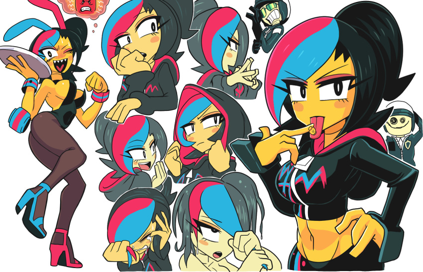 1girl, :p, ;), alternate_costume, animal_ears, bad_cop/good_cop, black_hair, blue_hair, blush_stickers, breasts, bunny_girl, bunnysuit, collage, crop_top, crying, eyeliner, gashi-gashi, hair_over_one_eye, hand_on_hip, heart, heart_in_mouth, high_heels, hood_down, hoodie, humanization, large_breasts, lego, lego_minifig, makeup, midriff, mismatched_footwear, multicolored_hair, navel, one_eye_closed, pantyhose, rabbit_ears, redhead, sharp_teeth, short_hair, side_ponytail, sideboob, smile, the_lego_movie, tongue, tongue_out, wrist_cuffs, wyldstyle, yellow_skin
