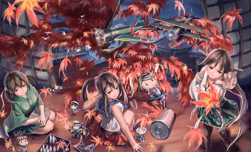 6+girls, airplane, architecture, bare_shoulders, bird, black_eyes, black_hair, brown_eyes