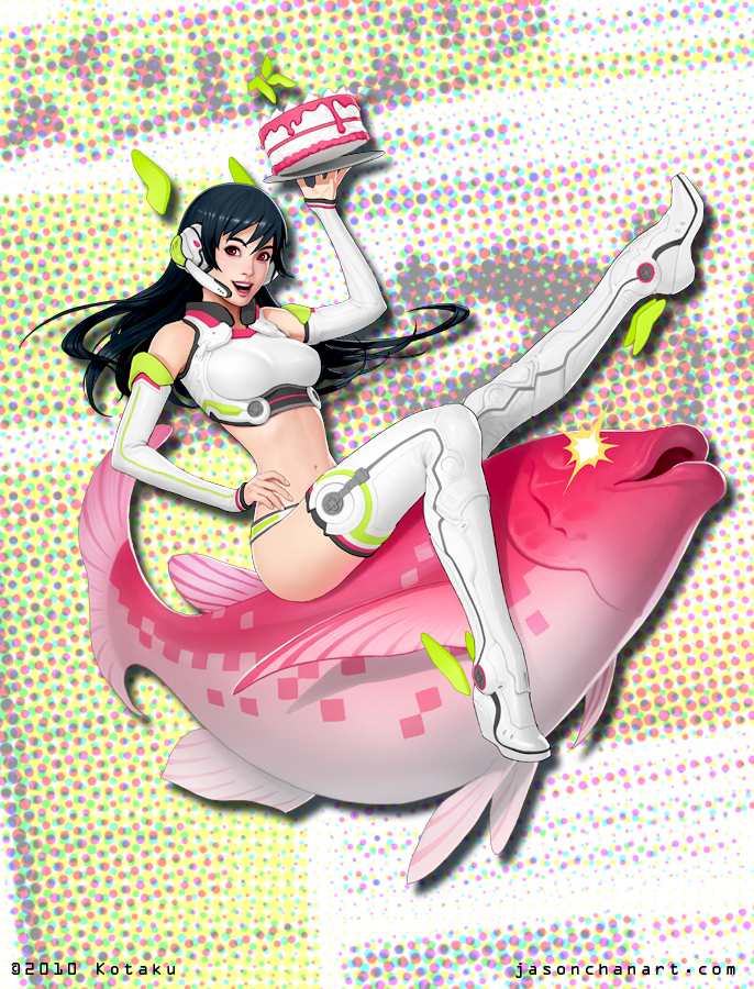 1girl, 2010, ankle_wraps, black_hair, boots, breasts, cake, detached_sleeves, fish, food, hand_on_hip, headset, jason_chan, koi, kotaku, kotaku-tan, mascot, midriff, navel, official_art, red_eyes, smile, solo, thigh-highs, thigh_boots, watermark, web_address