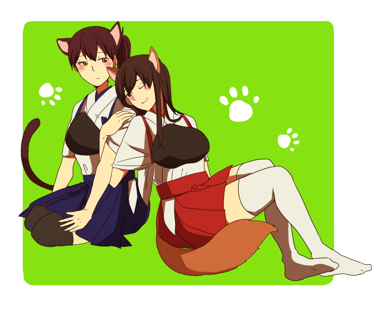 akagi_(kantai_collection), animal_ears, brown_eyes, brown_hair, japanese_clothes, kaga_(kantai_collection), kantai_collection, long_hair