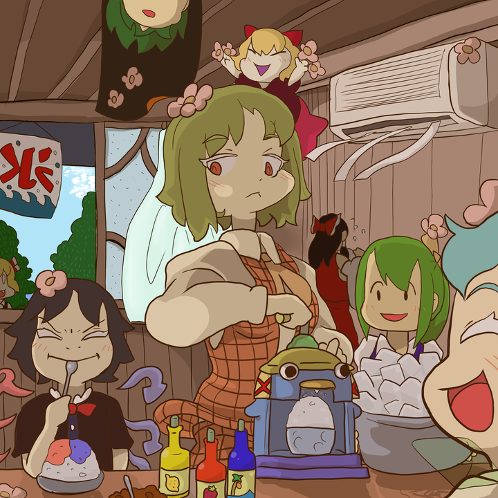 2girls, air_conditioner, asymmetrical_wings, bottle, bow, cape, cirno, daiyousei, flower, flower_on_head, hair_bow, hakurei_reimu, houjuu_nue, ice, kazami_yuuka, kokoyashi, kooribata, medicine_melancholy, multiple_girls, rumia, shaved_ice, syrup, touhou, wings, wriggle_nightbug