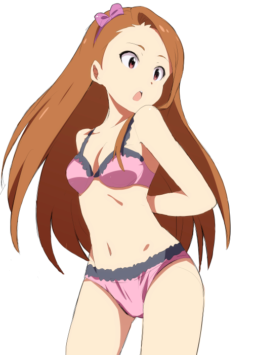 1girl, arms_behind_back, bra, brown_hair, hair_ribbon, hairband, idolmaster, lingerie