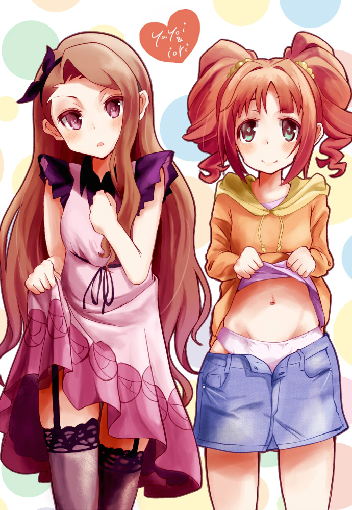 2girls, aqua_eyes, brown_hair, denim_skirt, garter_straps, hair_ribbon, hairband, hashibuto