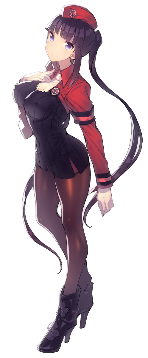 1girl, black_hair, black_legwear, blue_eyes, blush, boots, breasts, gloves, hat, highres, long_hair, looking_at_viewer, mckeee, pantyhose, simple_background, solo, summon_night, summon_night_5, twintails, white_background, yeng-hua