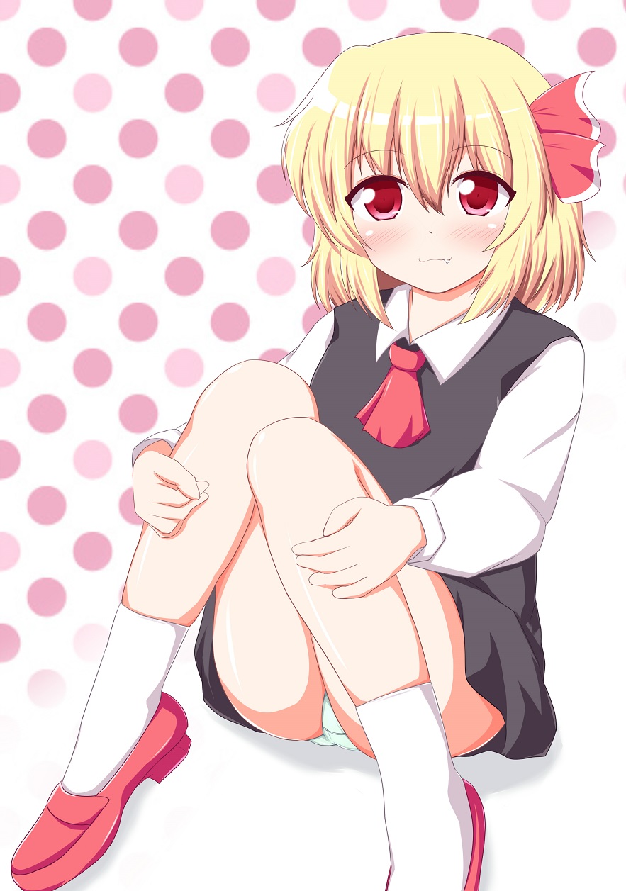 1girl, :3, ascot, black_dress, blonde_hair, blush, dress, fang