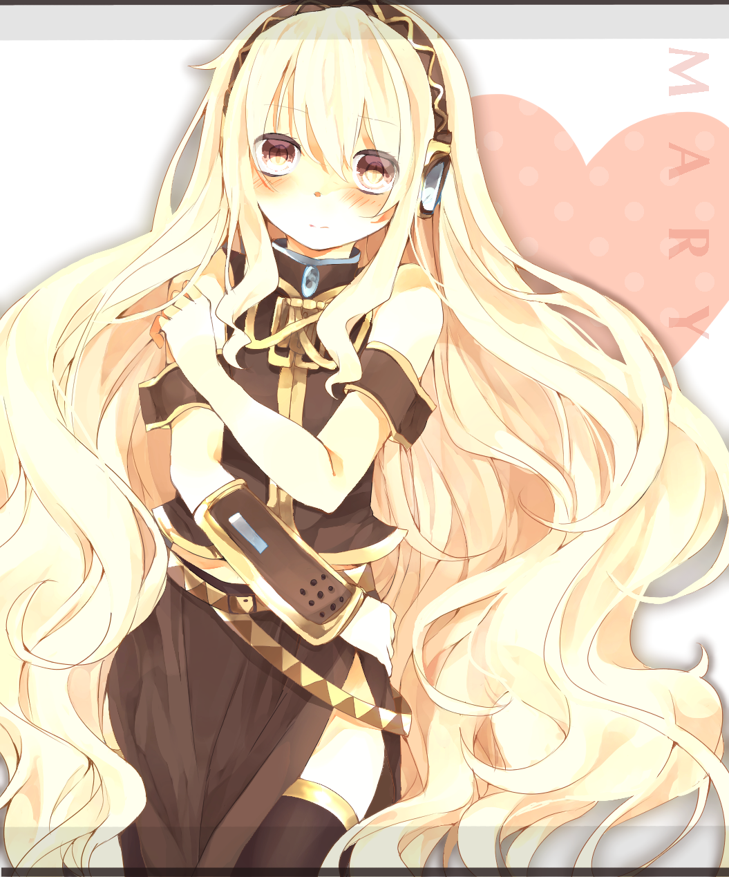 1girl, blonde_hair, blush, character_name, detached_sleeves, gradient_eyes, headphones, highres, kagerou_project, kozakura_mary, long_hair, looking_at_viewer, megurine_luka, megurine_luka_(cosplay), multicolored_eyes, senju_(uroakono), solo, thighhighs, vocaloid