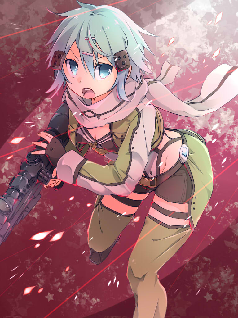 1girl, anti-materiel_rifle, aqua_eyes, aqua_hair, fingerless_gloves, gloves, gun, oosuzu_aoi, rifle, scarf, shinon_(sao), short_hair, short_shorts, shorts, sniper_rifle, sword_art_online, weapon