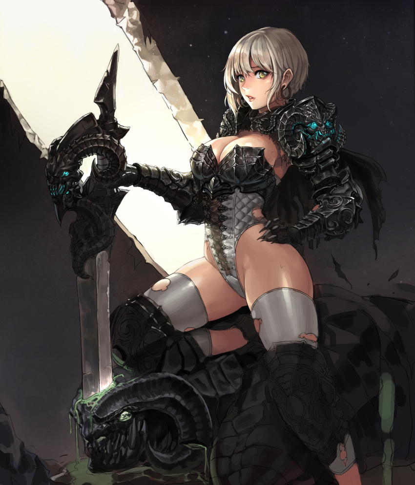 1girl, absurdres, armor, blonde_hair, blood, breasts, cherrylich, cleavage, demon, demon_horns, earrings, gauntlets, green_blood, highres, hoop_earrings, horns, jewelry, large_breasts, leotard, lips, original, pauldrons, short_hair, skull, solo, sword, thigh-highs, torn_clothes, torn_thighhighs, weapon, yellow_eyes