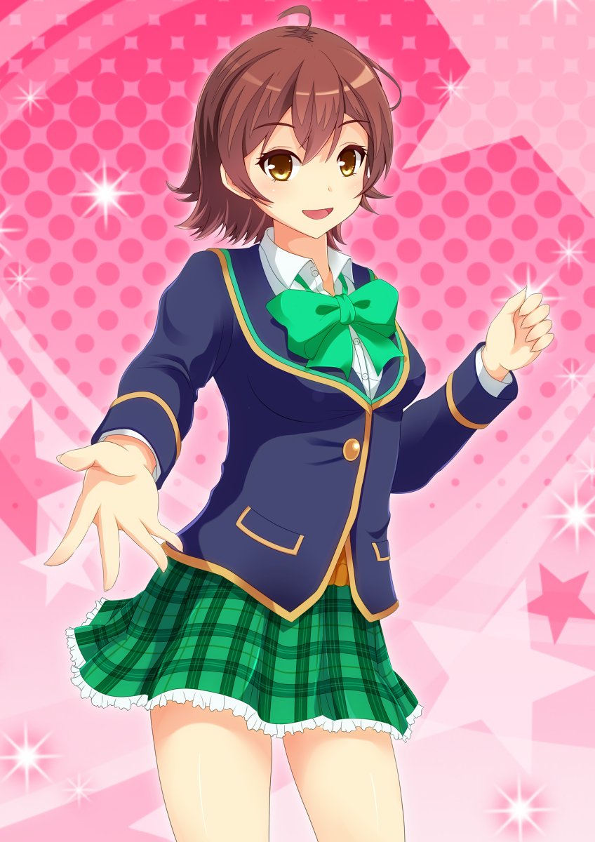 1girl, :d, ahoge, blazer, bowtie, brown_eyes, brown_hair, girlfriend_(kari)
