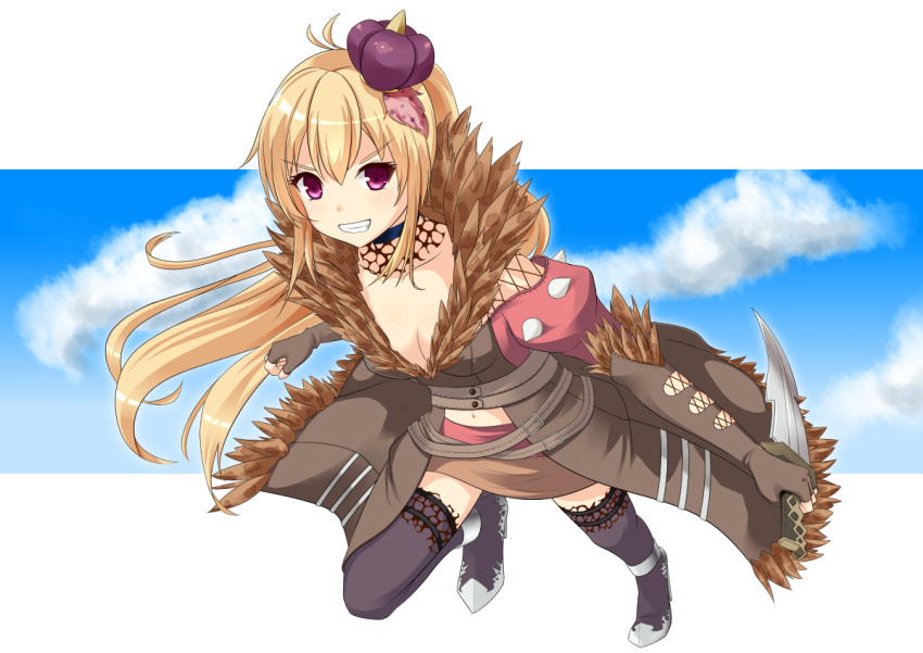 >:), 1girl, antenna_hair, blonde_hair, breasts, cleavage, elbow_gloves, fingerless_gloves