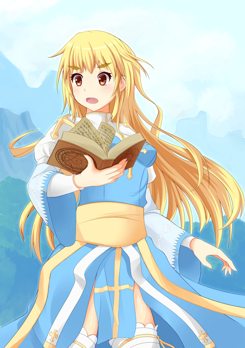 1girl, archbishop, blonde_hair, book, brown_eyes, highres, holding, holding_book