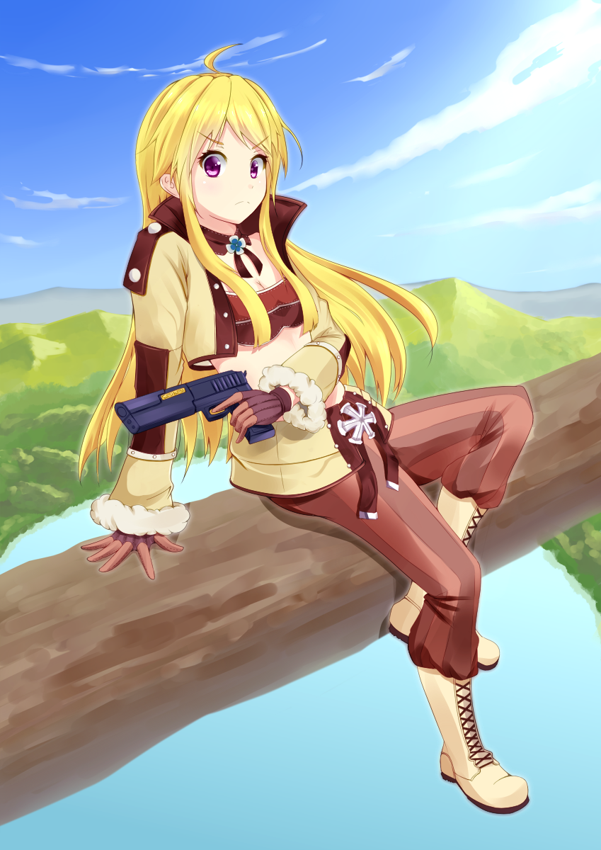 >:(, 1girl, ahoge, arm_support, blonde_hair, gun, gunslinger, handgun
