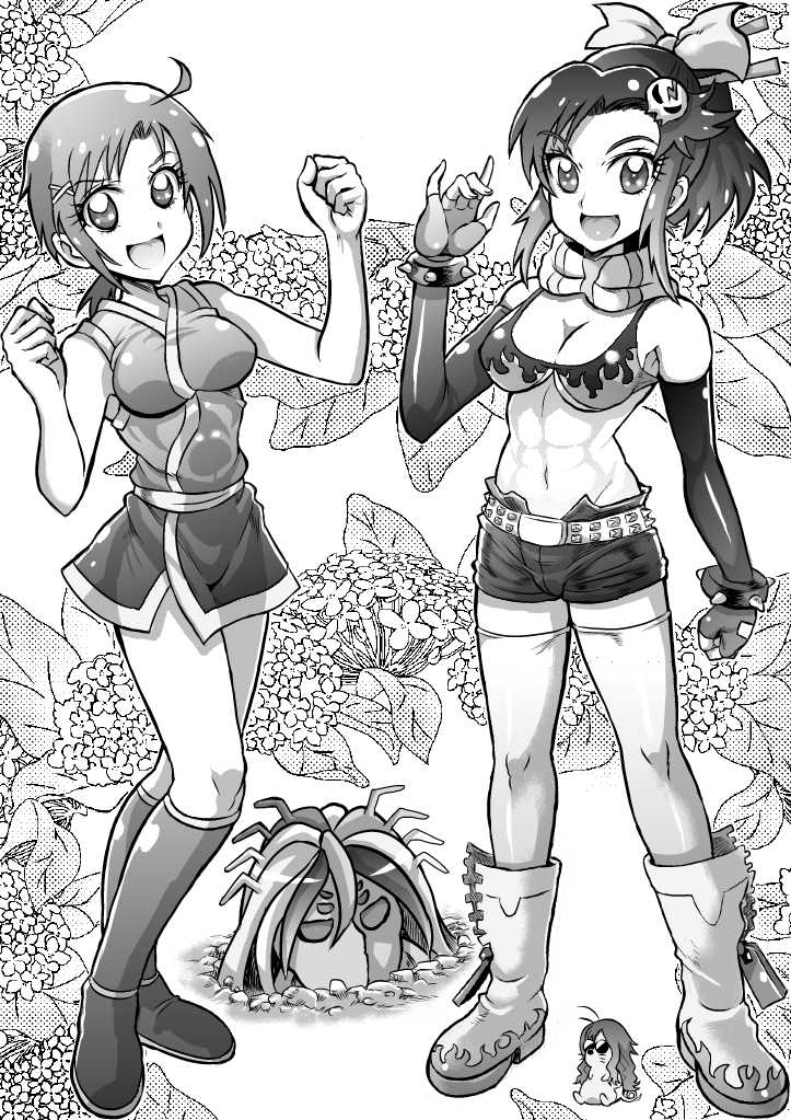 \m/, abs, bikini_top, boota, boota_(cosplay), breasts, cleavage, cosplay, fingerless_gloves, gloves, hair_ornament, hino_akane_(smile_precure!), midorikawa_nao, midriff, mitsurou, monochrome, multiple_girls, navel, open_mouth, ponytail, precure, scarf, short_hair, short_shorts, shorts, skull_hair_ornament, smile_precure!, tengen_toppa_gurren_lagann, thigh-highs, yoko_littner, yoko_littner_(cosplay)