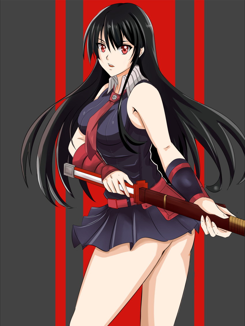 1girl, absurdres, akame, akame_ga_kill!, angel_pena_(angelox), black_hair, bracer, breasts, highres, katana, long_hair, necktie, red_eyes, sheath, sheathed, skirt, sleeveless, solo, sword, weapon