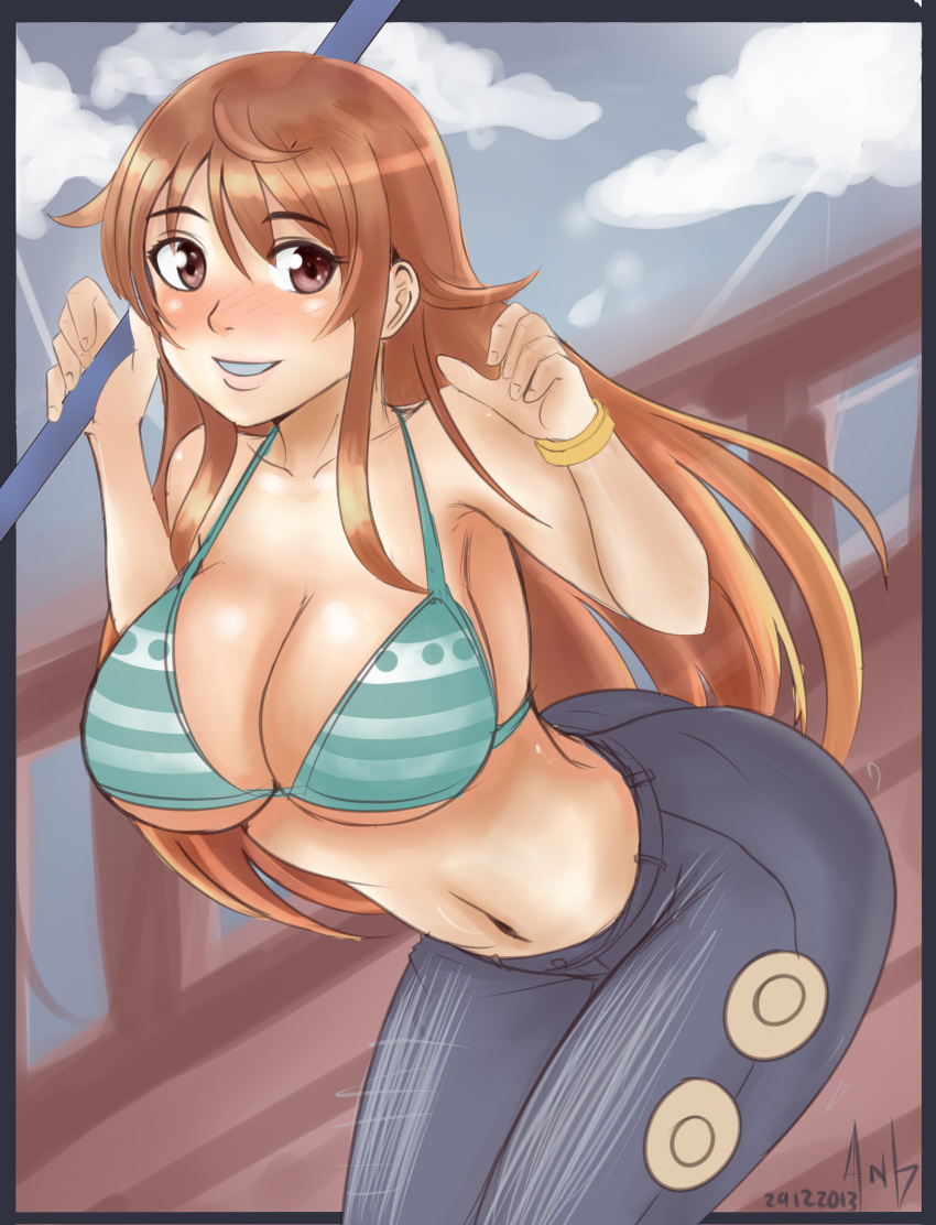 1girl, absurdres, angel_pena_(angelox), bikini_top, blush, bracelet, breasts, brown_eyes
