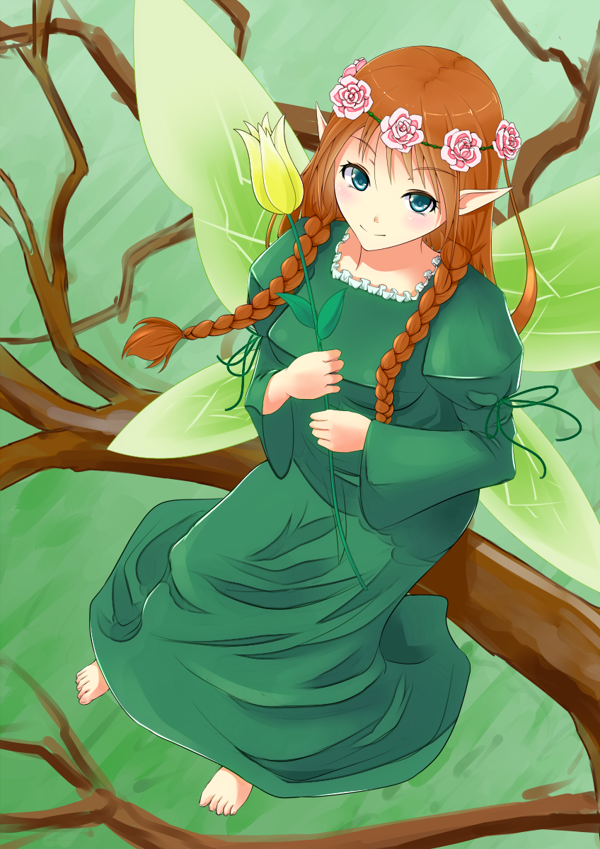 1girl, barefoot, blue_eyes, braid, brown_hair, dress, fairy_wings, flower