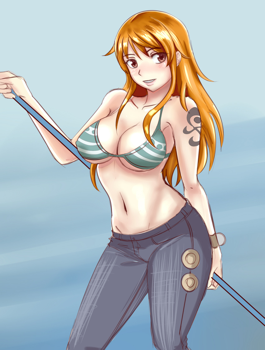 1girl, absurdres, angel_pena_(angelox), bikini_top, breasts, brown_eyes, cleavage, contrapposto, denim, highres, jeans, large_breasts, long_hair, nami, navel, one_piece, orange_hair, pants, polearm, smile, solo, staff, tattoo, weapon