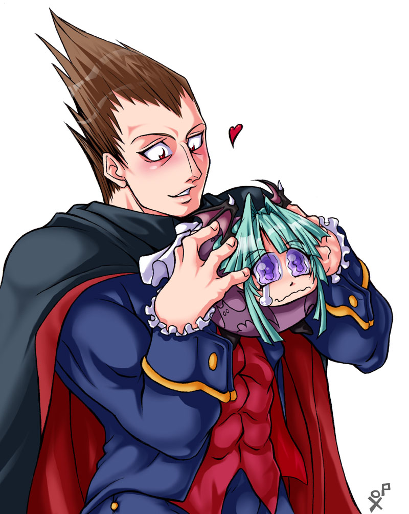 aqua_hair, ball, brown_hair, capcom, darkstalkers, demitri_maximoff, morrigan_aensland, muscle