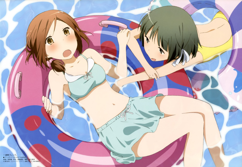 2girls, absurdres, bikini, black_hair, blush, brown_eyes, brown_hair, detexted