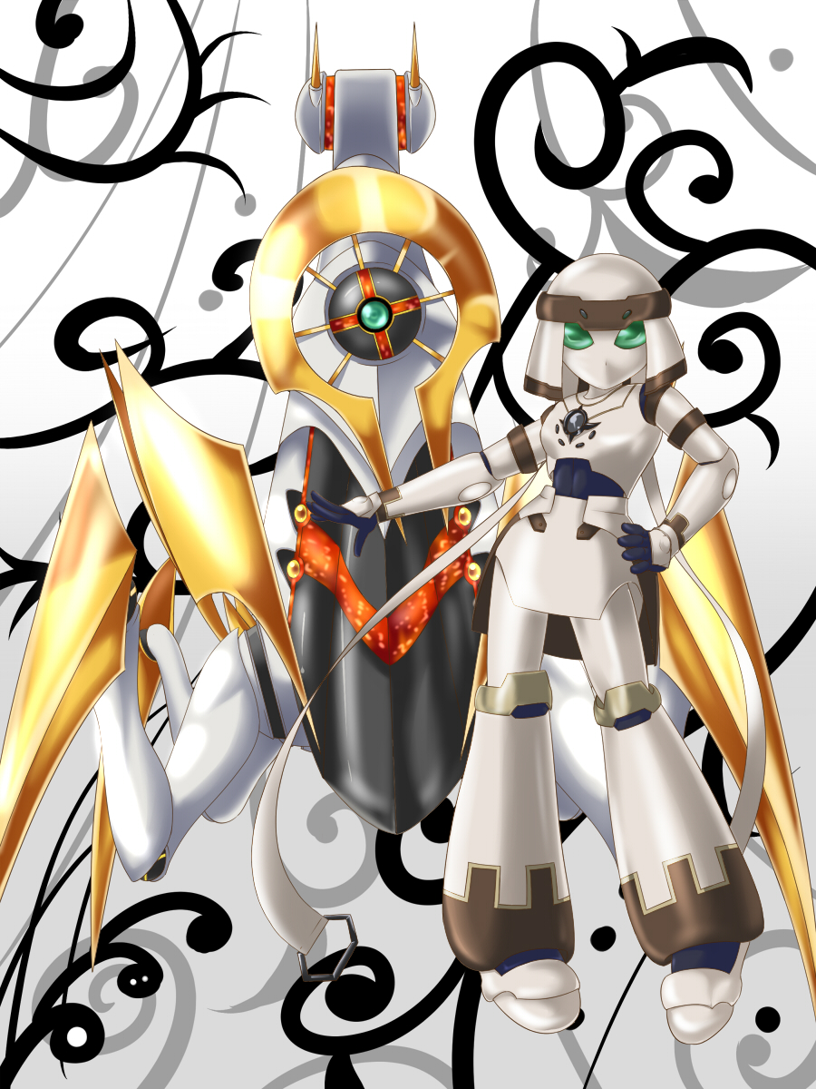 1girl, ally_of_justice_catastor, armor, color_connection, duel_monster, gem, gem-knight_lazuli, golem, green_eyes, highres, lapis_lazuli_(stone), monster, monster_girl, size_difference, yoma091, yuu-gi-ou