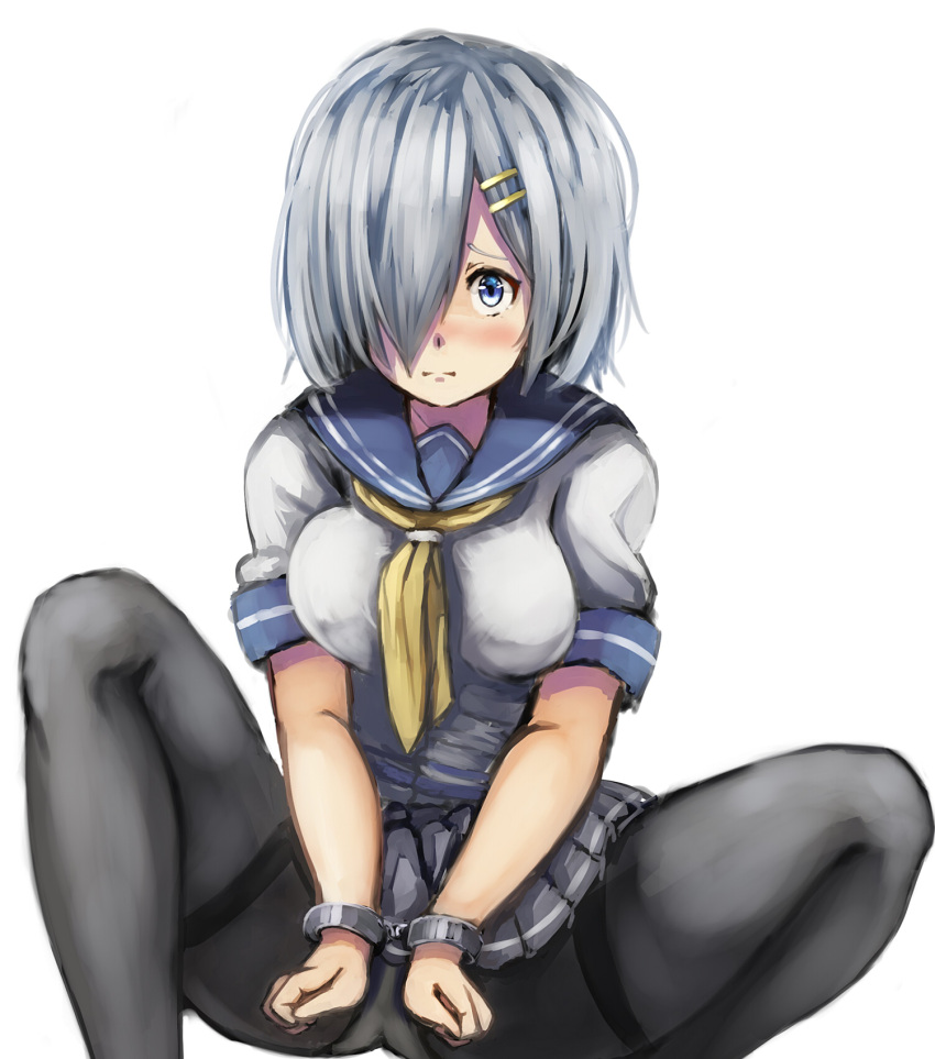 1girl, bdsm, blue_eyes, bondage, breasts, cuffs, gloves, hair_ornament