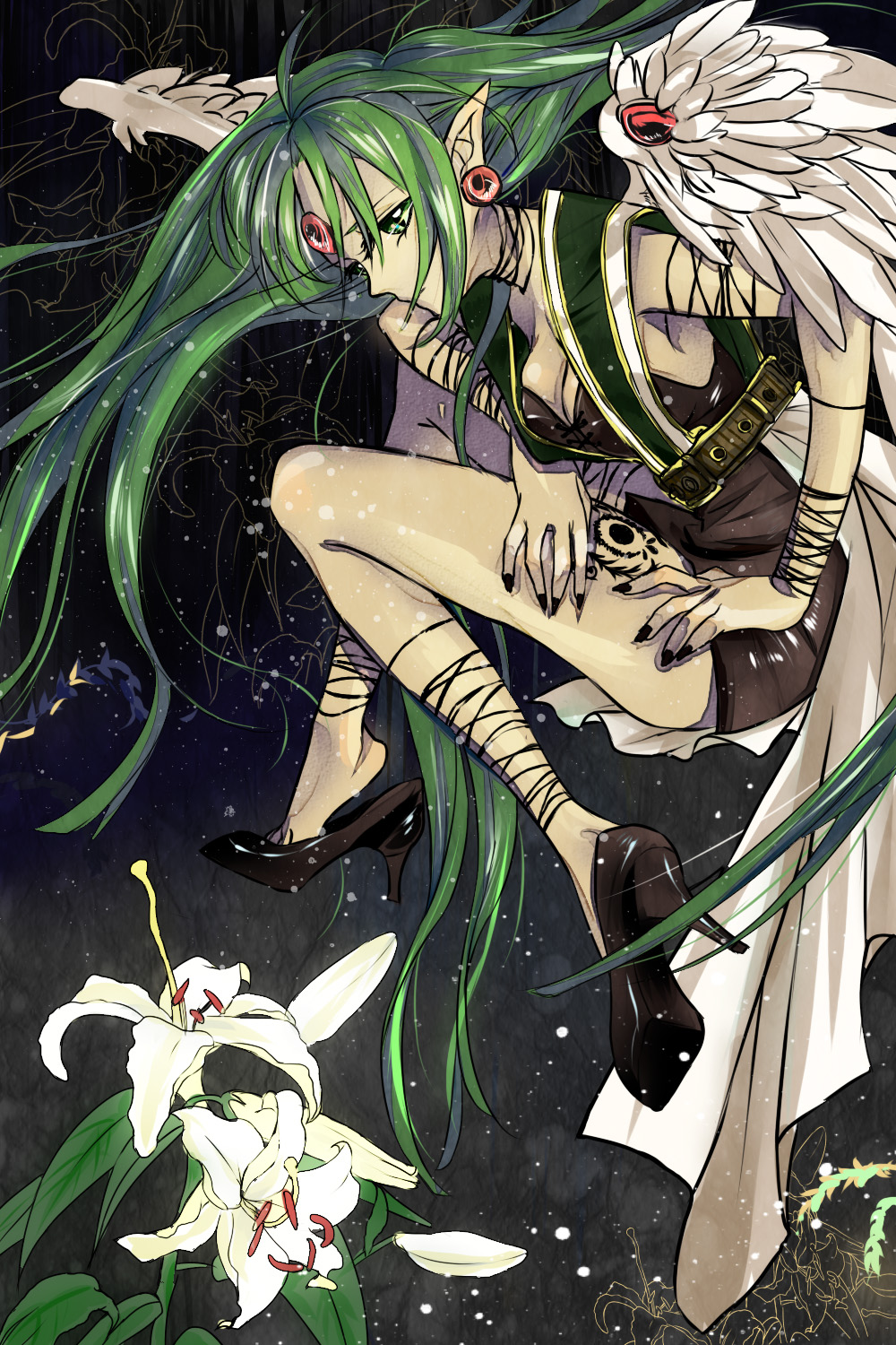 1girl, angel, angel_wings, bare_legs, belt, black, black_background, black_shoes, earrings, facial_mark, finn_fish, flower, forehead_mark, green_eyes, green_hair, high_heels, highres, jewelry, kamikaze_kaitou_jeanne, lily_(flower), long_hair, nail_polish, pointy_ears, sleeveless, spoilers, tarakogozen, very_long_hair, wings