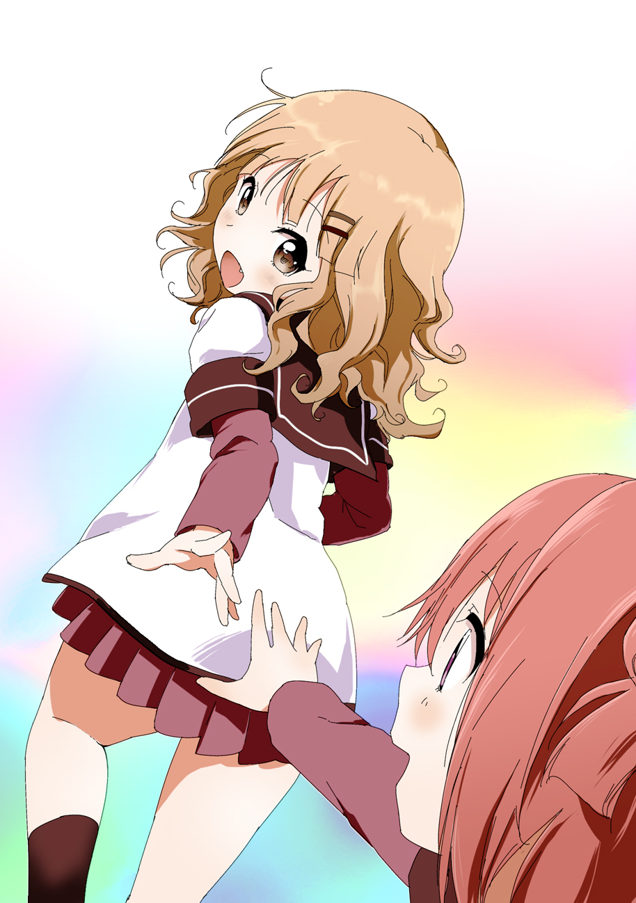 2girls, :d, akaza_akari, baka_neko, black_legwear, blonde_hair, brown_eyes, fang