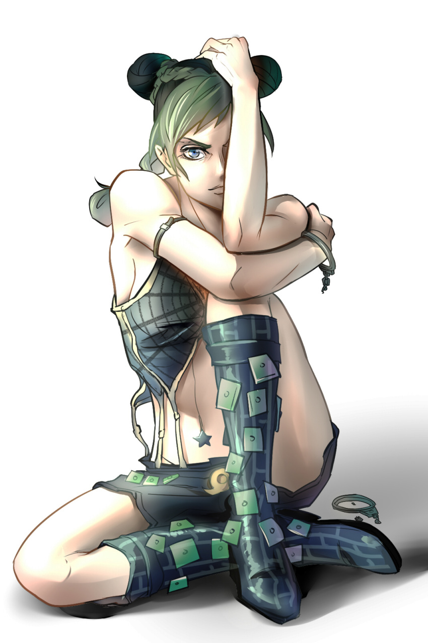 1girl, armband, blue_eyes, boots, braid, cuffs, double_bun, green_hair, handcuffs, heicrosshong, highres, jojo_no_kimyou_na_bouken, kuujou_jolyne, midriff, multicolored_hair, skirt, solo, two-tone_hair