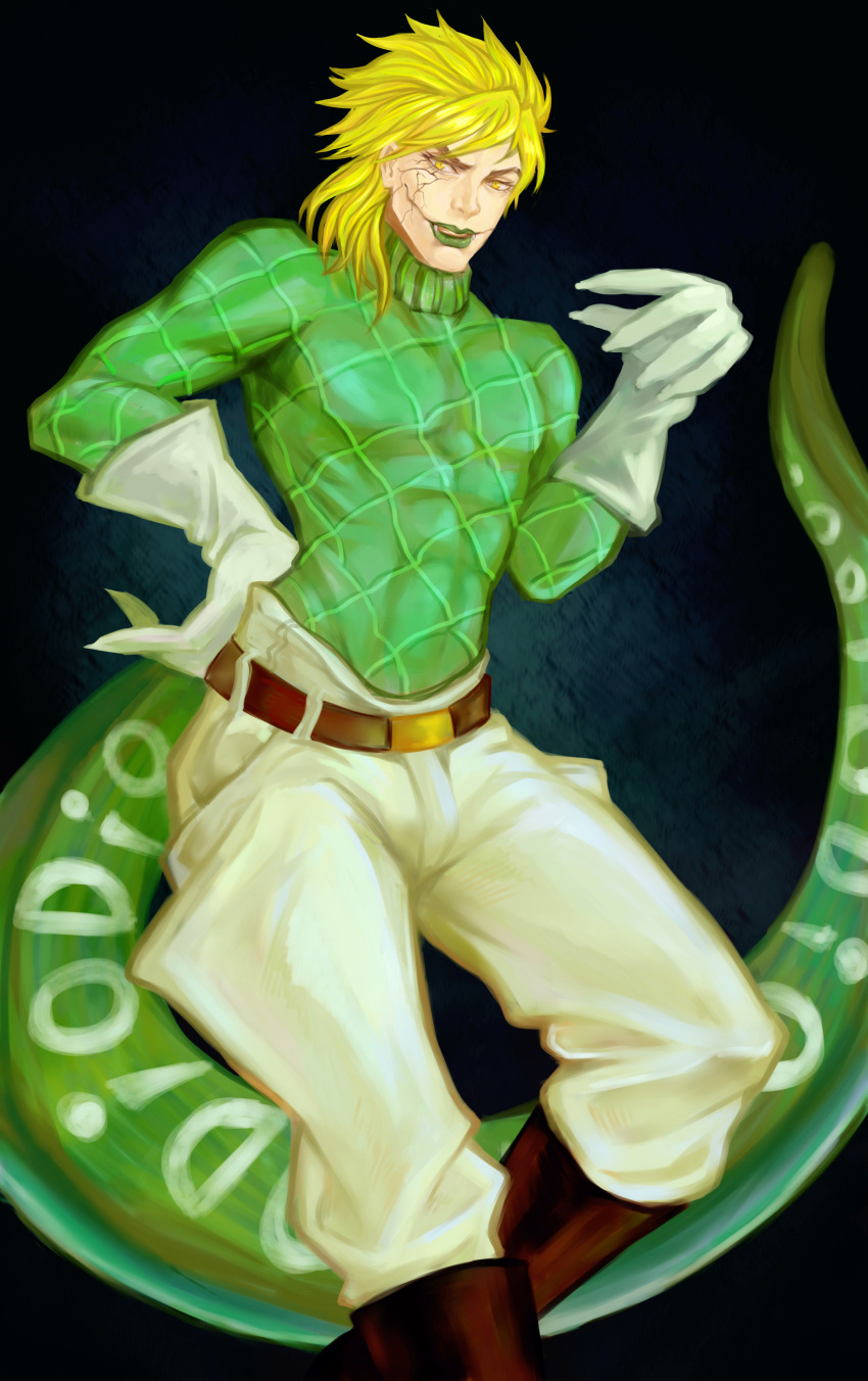 1boy, absurdres, blonde_hair, diego_brando, glasgow_smile, gloves, green_lipstick, highres