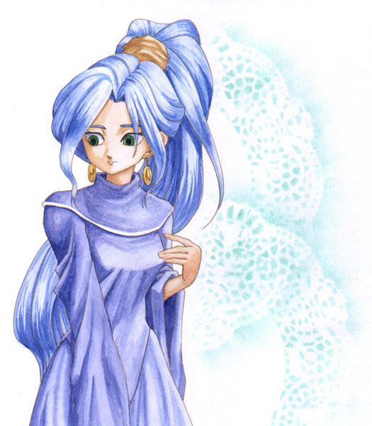 blue_hair, chrono_trigger, earrings, green_eyes, long_hair, pirka, ponytail, schala_zeal