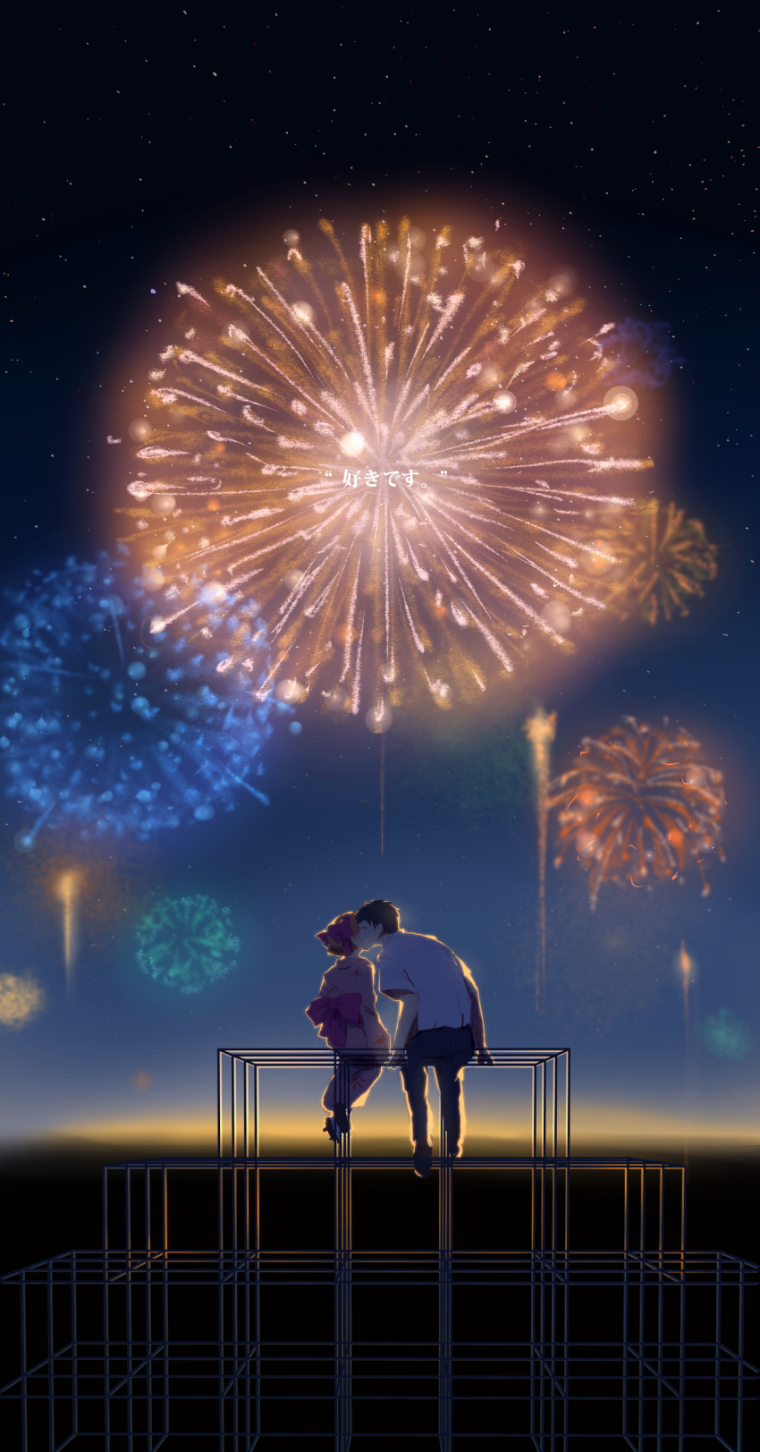 1boy, 1girl, absurdres, aerial_fireworks, black_hair, bow, couple, far_eastern_funion