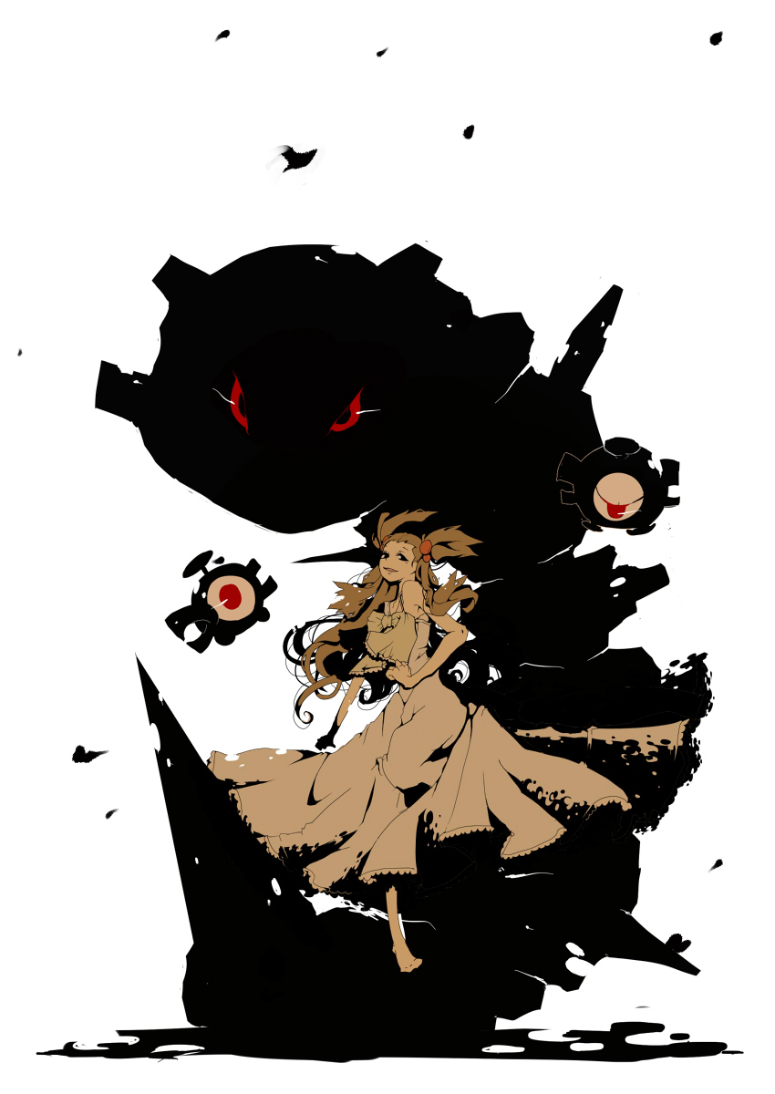 dress, gym_leader, hair_ornament, hairclip, highres, hiiragino, long_hair, magnemite, mikan_(pokemon), nintendo, pokemon, pokemon_(game), pokemon_gsc, red_eyes, silhouette, steelix