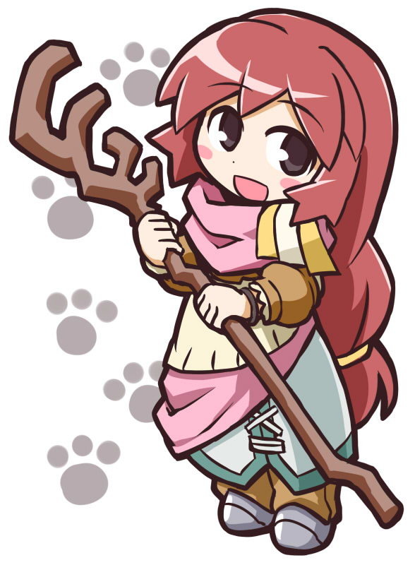 1girl, :d, blush_stickers, boots, bracelet, dress, grey_eyes, hair_ornament, jewelry, kugelschreiber, log_horizon, long_hair, long_sleeves, open_mouth, paw_print, ponytail, redhead, serara, smile, solo, staff