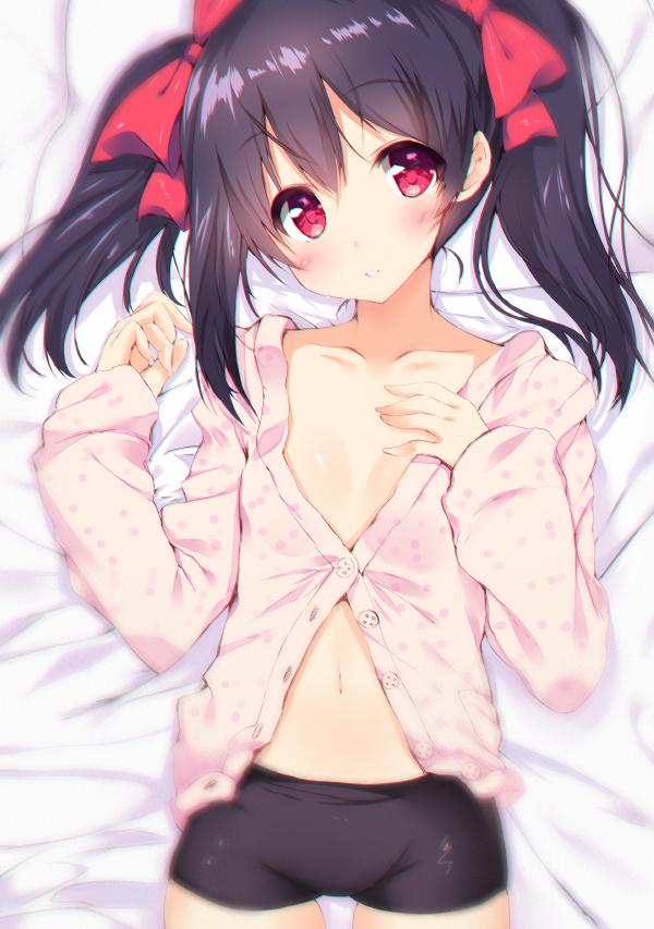 1girl, bike_shorts, black_hair, blurry, blush, collarbone, cowboy_shot, flat_chest