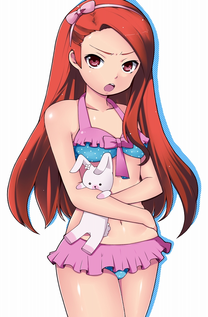 1girl, brown_hair, hair_ribbon, hairband, idolmaster, long_hair, looking_at_viewer, midriff