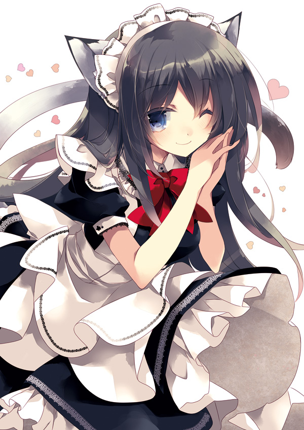 1girl, ;), animal_ears, black_hair, blue_eyes, cat_ears, cat_tail, hands_together