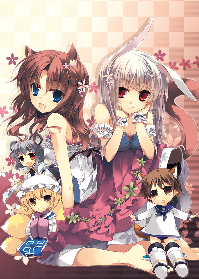 5girls, :d, animal_ears, barefoot, blonde_hair, blue_eyes, breasts, brown_eyes