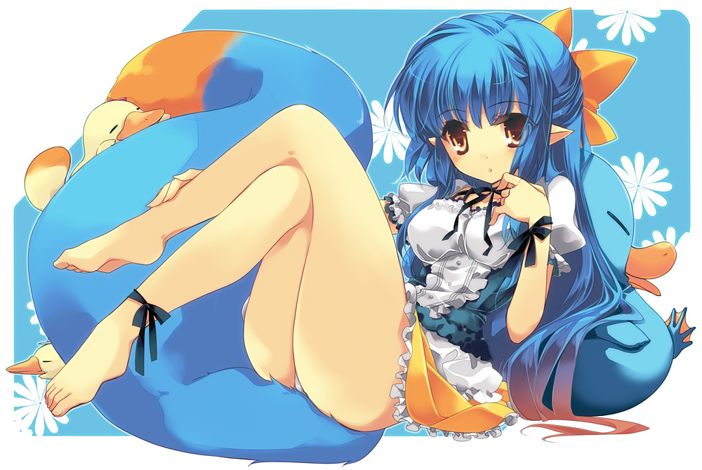 1girl, ass, blue_hair, bow, brown_eyes, frills, hair_bow, hair_ribbon