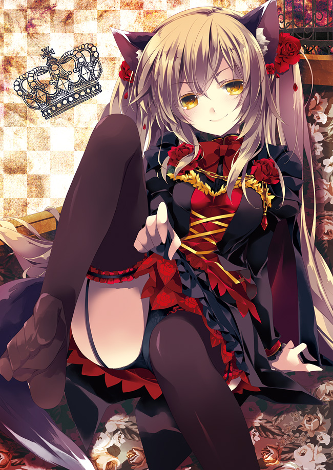1girl, animal_ears, black_legwear, black_panties, brown_hair, cat_ears, cat_tail, flower