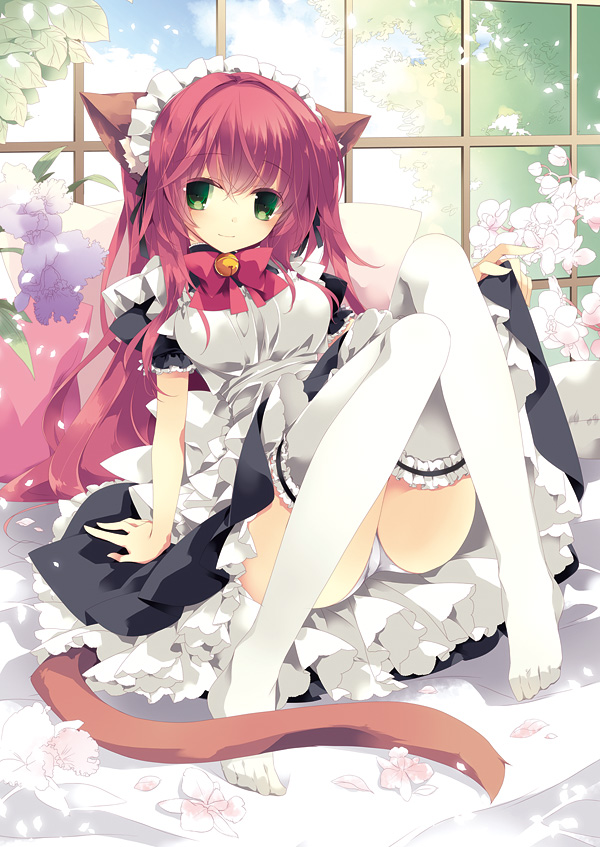 1girl, animal_ears, ass, bed, bell, cat_ears, cat_tail, flower, green_eyes, long_hair, looking_at_viewer, maid, mizuki_(pixiv2254368), no_shoes, original, panties, pantyshot, petals, pillow, redhead, sitting, solo, tail, underwear, white_legwear, white_panties