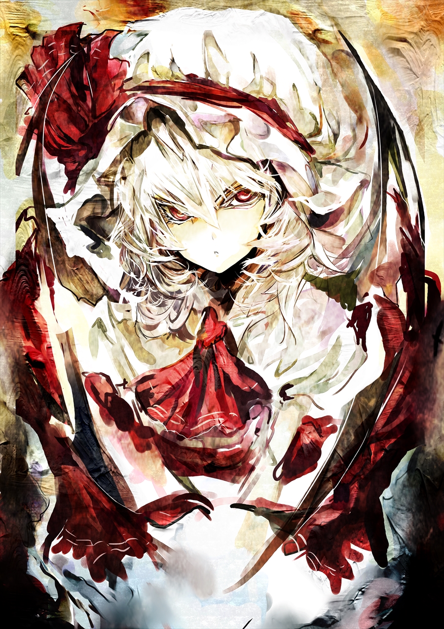 1girl, ascot, bat_wings, bust, dress, hat, hat_ribbon, highres, looking_at_viewer, mob_cap, red_eyes, remilia_scarlet, ribbon, silver_hair, solo, touhou, ubw-emiya, white_dress, wings