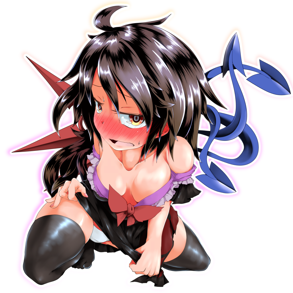 1girl, ahoge, asymmetrical_wings, black_dress, black_hair, black_legwear, blush, breasts