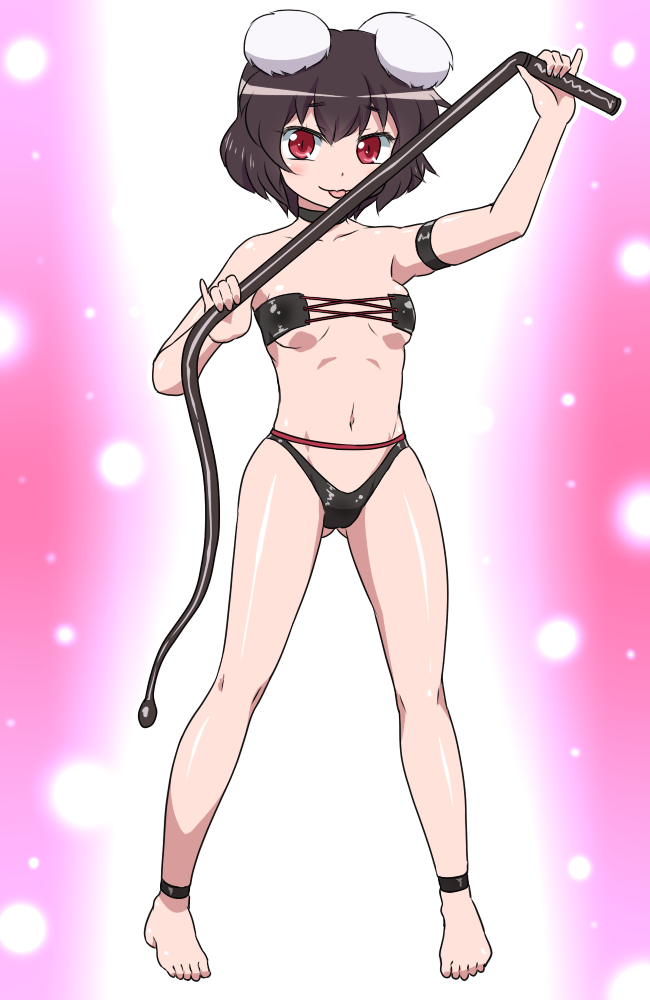 1girl, arm_strap, bare_arms, bare_legs, bare_shoulders, barefoot, black_legwear, choker