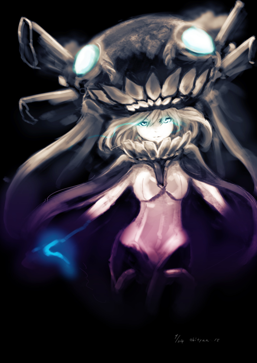 1girl, absurdres, aqua_eyes, black_background, bodysuit, dated, ebi_(il14021), glaring