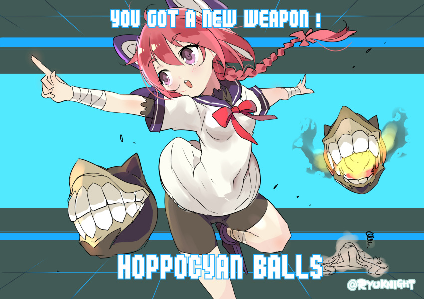 2girls, ahoge, bandaged_arm, bandaged_leg, bike_shorts, braid, headgear, highres, kantai_collection, long_hair, multiple_girls, naitou_ryuu, nenohi_(kantai_collection), ponytail, redhead, school_uniform, serafuku, single_braid, text, violet_eyes