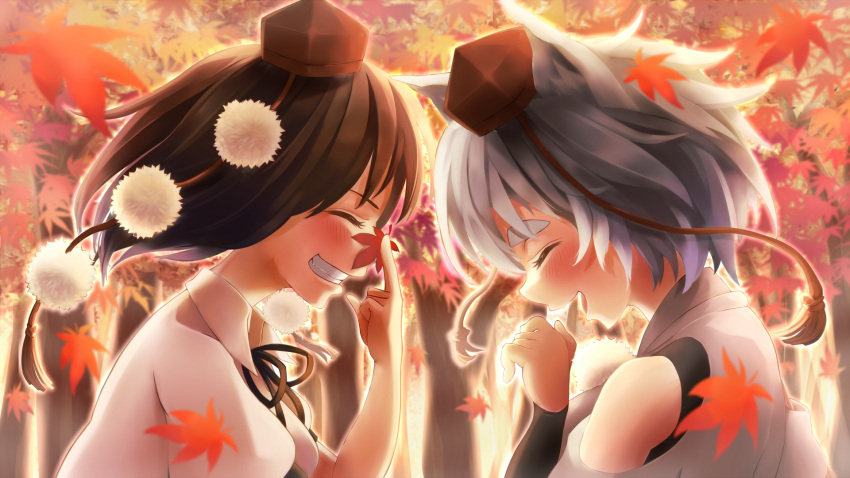 2girls, animal_ears, autumn_leaves, bare_shoulders, black_hair, blush, closed_eyes, detached_sleeves