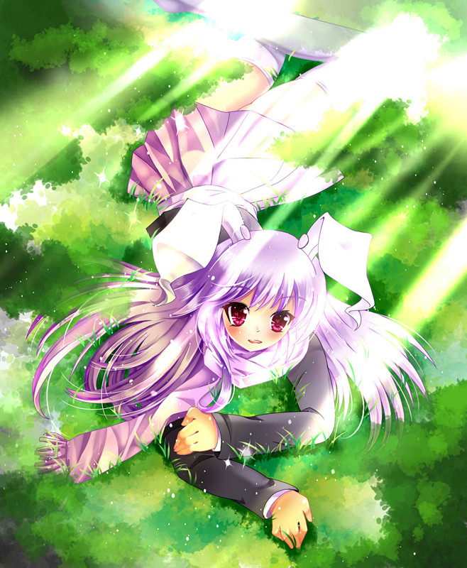 1girl, animal_ears, blazer, blush, grass, lavender_hair, long_hair, looking_at_viewer