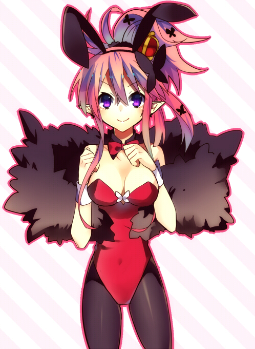 1girl, alternate_costume, animal_ears, black_legwear, bowtie, crown, disgaea, feather_boa
