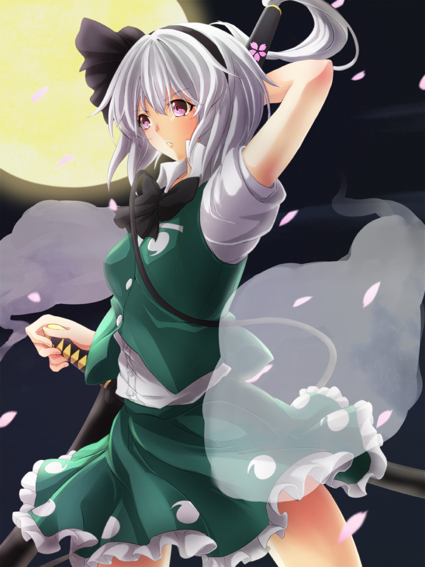 1girl, arm_up, bow, cherry_blossoms, collared_shirt, cowboy_shot, frilled_skirt, frills