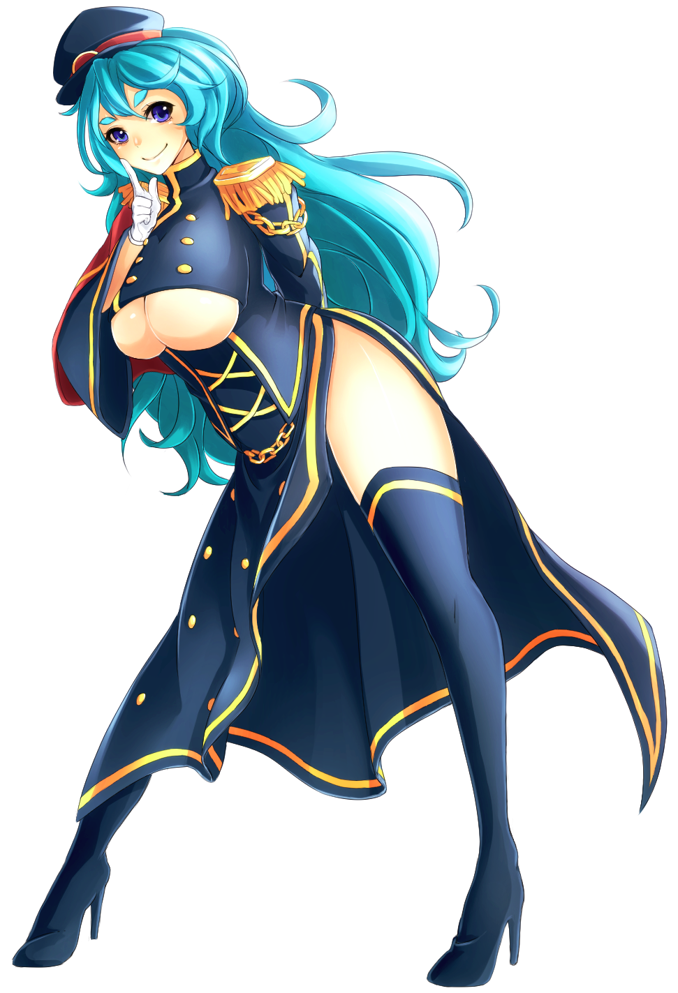 1girl, aqua_hair, arm_behind_back, blue_eyes, boots, breasts, epaulettes, eyebrows